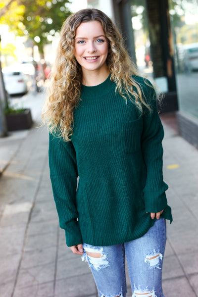 Explore More Collection - Classy Chic Hunter Green Mock Neck Chest Pocket Knit Sweater