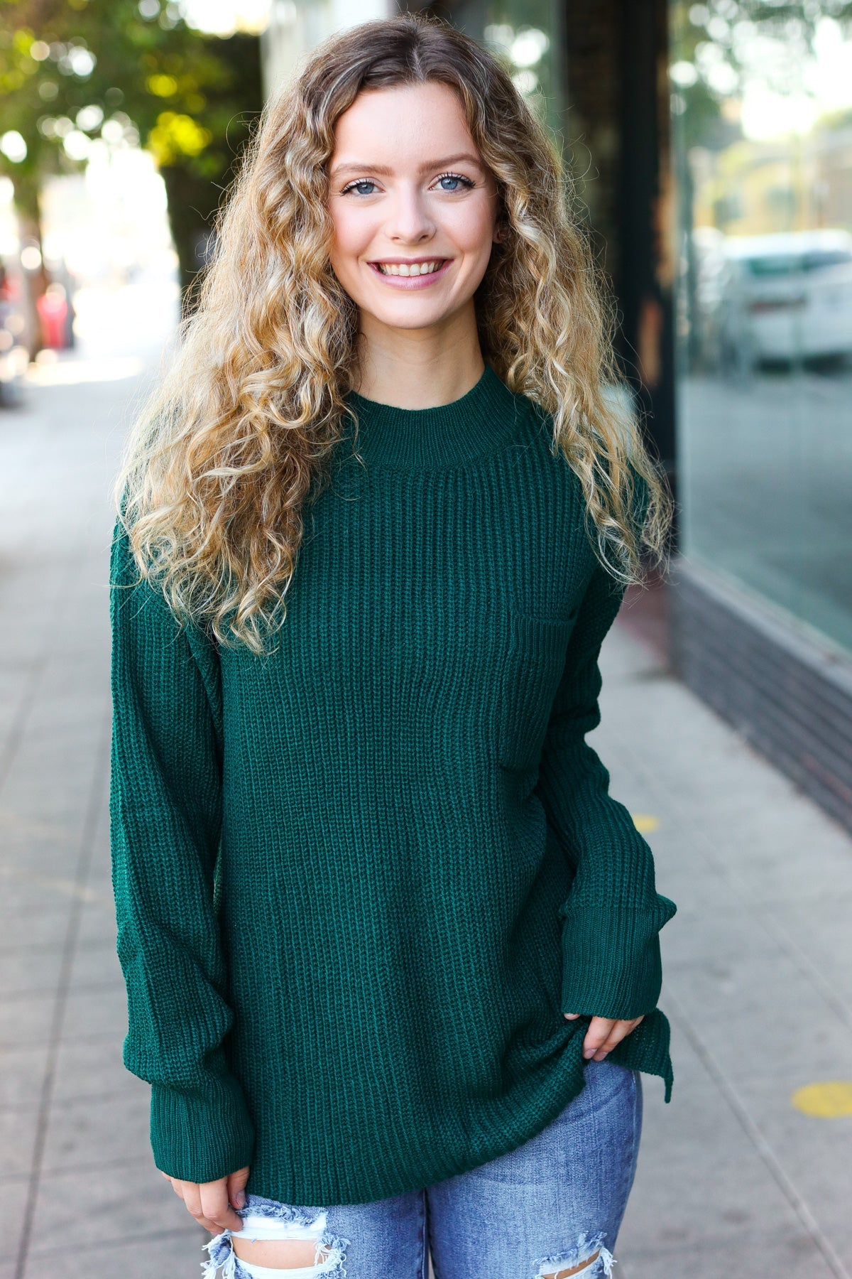 Explore More Collection - Classy Chic Hunter Green Mock Neck Chest Pocket Knit Sweater