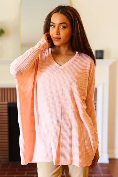 Explore More Collection - All For Love Peach Waffle Knit V Neck Dolman Top