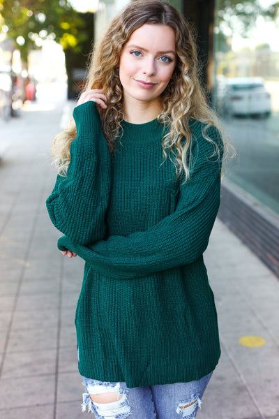 Explore More Collection - Classy Chic Hunter Green Mock Neck Chest Pocket Knit Sweater