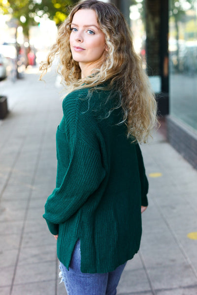 Explore More Collection - Classy Chic Hunter Green Mock Neck Chest Pocket Knit Sweater