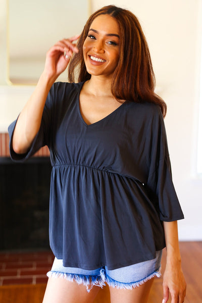 Explore More Collection - Easy To Love Charcoal Babydoll Dolman Modal V Neck Top