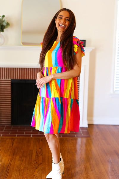 Explore More Collection - Eyes On You Multicolor Abstract Print Smocked Ruffle Sleeve Dress