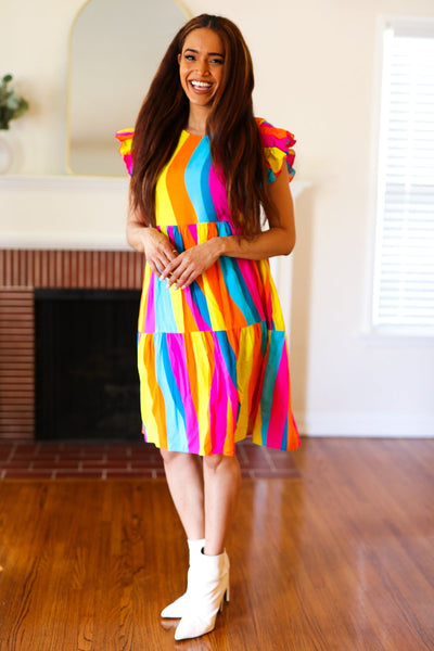 Explore More Collection - Eyes On You Multicolor Abstract Print Smocked Ruffle Sleeve Dress