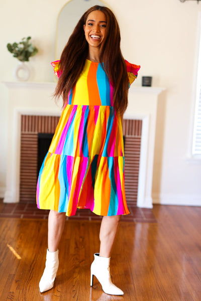 Explore More Collection - Eyes On You Multicolor Abstract Print Smocked Ruffle Sleeve Dress