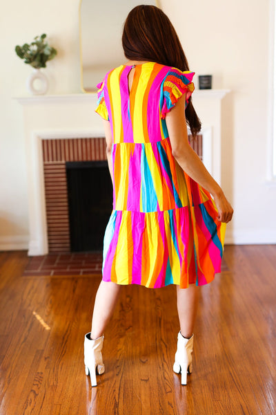 Explore More Collection - Eyes On You Multicolor Abstract Print Smocked Ruffle Sleeve Dress