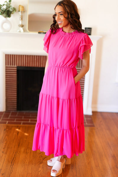 Explore More Collection - Perfectly You Hot Pink Mock Neck Tiered Chiffon Maxi Dress