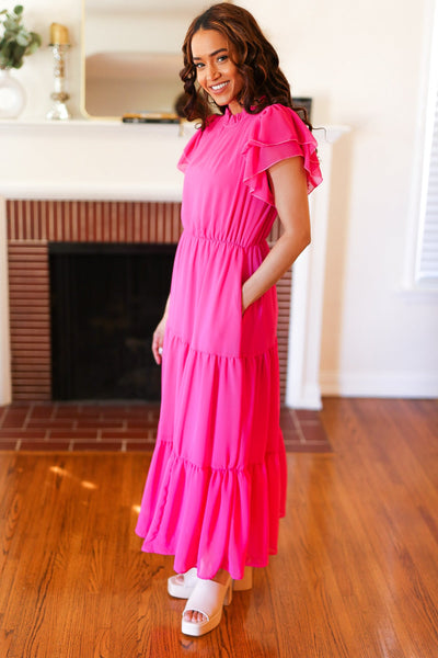 Explore More Collection - Perfectly You Hot Pink Mock Neck Tiered Chiffon Maxi Dress