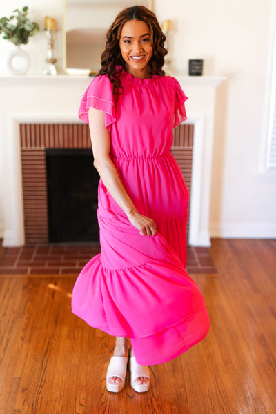 Explore More Collection - Perfectly You Hot Pink Mock Neck Tiered Chiffon Maxi Dress