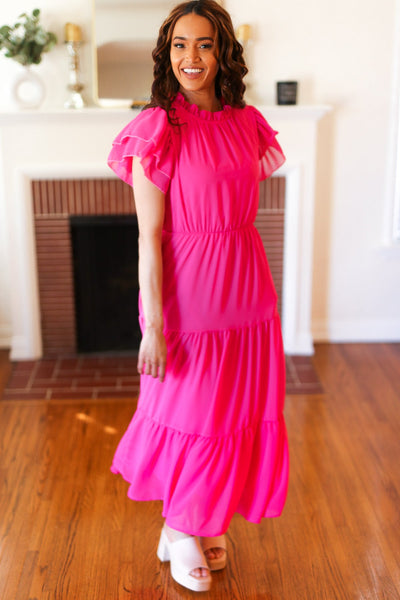 Explore More Collection - Perfectly You Hot Pink Mock Neck Tiered Chiffon Maxi Dress