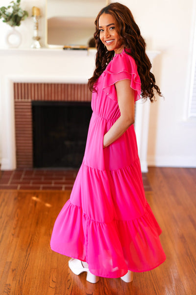 Explore More Collection - Perfectly You Hot Pink Mock Neck Tiered Chiffon Maxi Dress