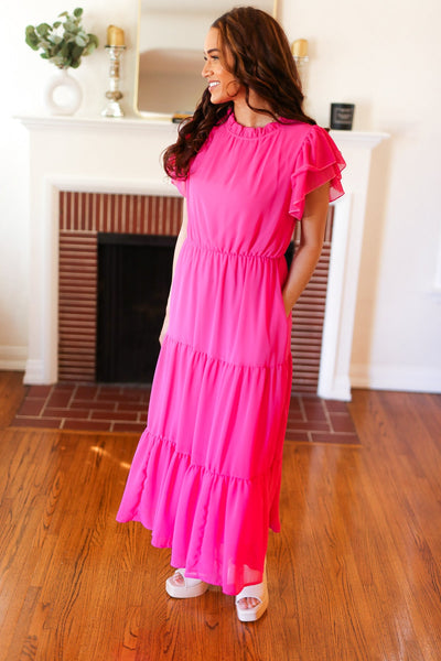 Explore More Collection - Perfectly You Hot Pink Mock Neck Tiered Chiffon Maxi Dress