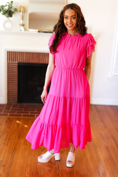 Explore More Collection - Perfectly You Hot Pink Mock Neck Tiered Chiffon Maxi Dress