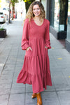 Explore More Collection - Beautiful You Lock Eyes Marsala Smocked Ruffle Sleeve Maxi Dress