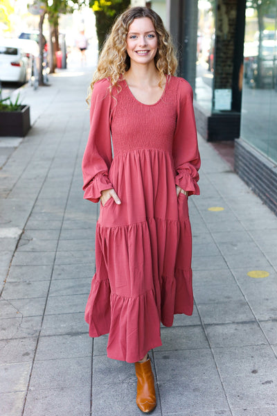 Explore More Collection - Beautiful You Lock Eyes Marsala Smocked Ruffle Sleeve Maxi Dress