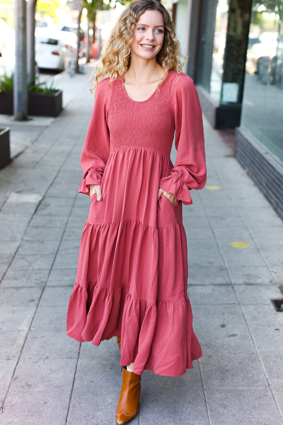 Explore More Collection - Beautiful You Lock Eyes Marsala Smocked Ruffle Sleeve Maxi Dress