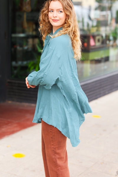 Explore More Collection - Feeling Bold Teal Button Down Sharkbite Cotton Tunic Top