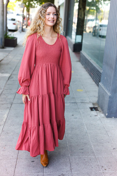 Explore More Collection - Beautiful You Lock Eyes Marsala Smocked Ruffle Sleeve Maxi Dress