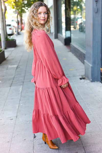 Explore More Collection - Beautiful You Lock Eyes Marsala Smocked Ruffle Sleeve Maxi Dress