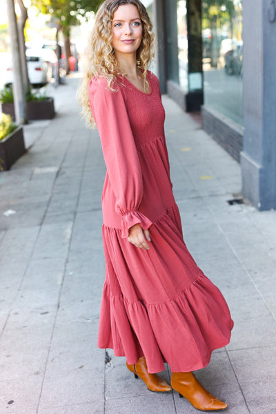 Explore More Collection - Beautiful You Lock Eyes Marsala Smocked Ruffle Sleeve Maxi Dress