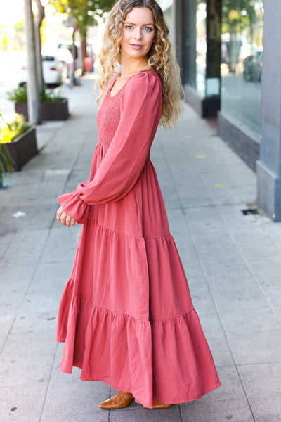 Explore More Collection - Beautiful You Lock Eyes Marsala Smocked Ruffle Sleeve Maxi Dress