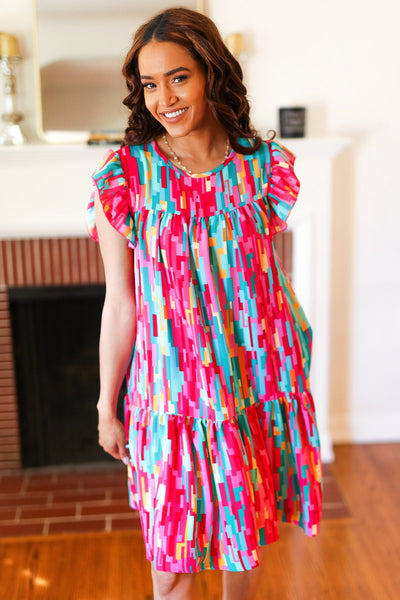 Explore More Collection - Feeling Bold Multicolor Abstract Print Tiered Ruffle Sleeve Dress