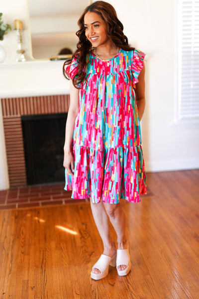 Explore More Collection - Feeling Bold Multicolor Abstract Print Tiered Ruffle Sleeve Dress