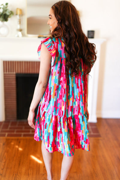 Explore More Collection - Feeling Bold Multicolor Abstract Print Tiered Ruffle Sleeve Dress