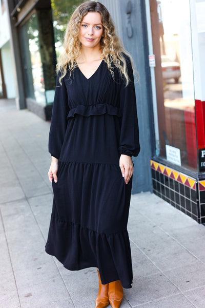 Explore More Collection - Beautiful You Black Pintuck Detail Frill V Neck Maxi Dress