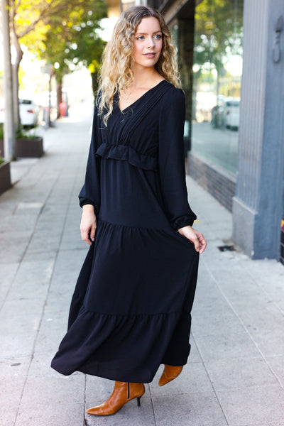 Explore More Collection - Beautiful You Black Pintuck Detail Frill V Neck Maxi Dress