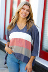 Explore More Collection - Weekend Ready Navy Color Block Dolman French Terry V Neck Top