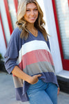 Explore More Collection - Weekend Ready Navy Color Block Dolman French Terry V Neck Top