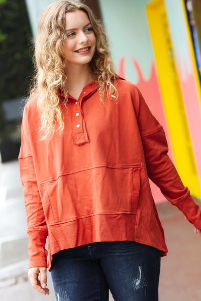 Explore More Collection - The Slouchy Terracotta French Terry Snap Button Hoodie