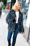 Explore More Collection - Dazzling Black & Multicolor Fuzzy Fringe Knit Cardigan