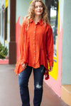 Explore More Collection - Feeling Bold Rust Button Down Sharkbite Cotton Tunic Top