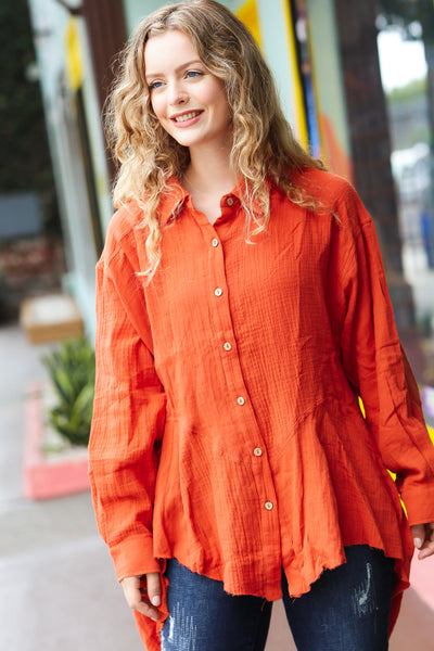 Explore More Collection - Feeling Bold Rust Button Down Sharkbite Cotton Tunic Top