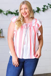 Explore More Collection - Coral & Light Blue Stripe Waffle Tie Neck Top