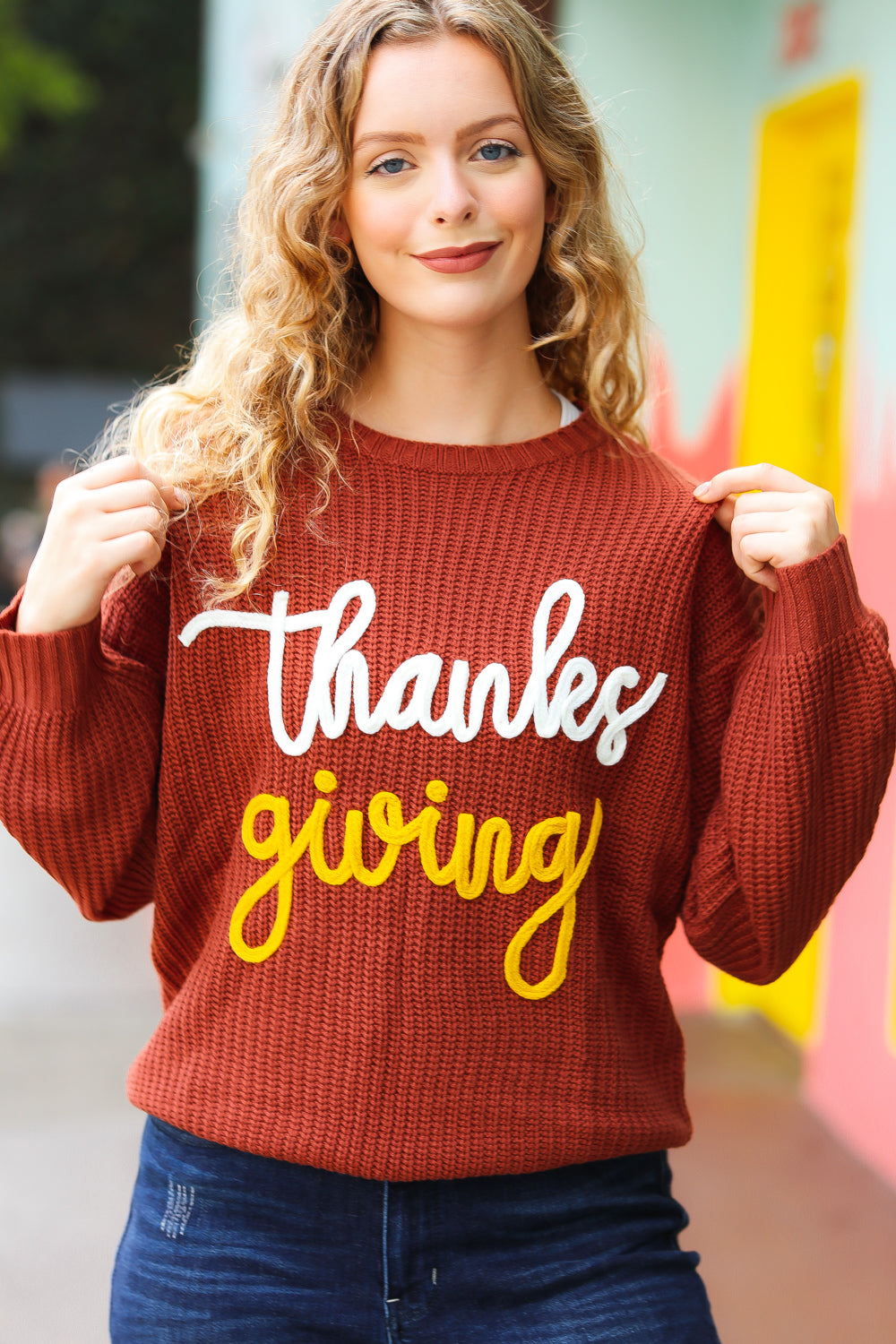 Explore More Collection - All I Want Thanksgiving Pop Up Embroidery Chunky Sweater