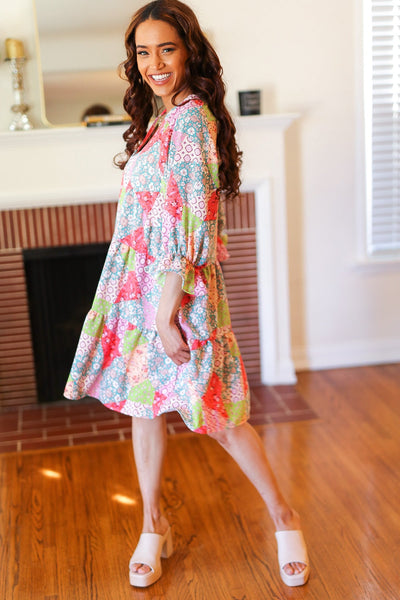 Explore More Collection - Look Of Love Lime & Coral Patchwork Print V Neck Dress