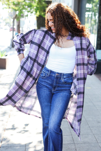 Explore More Collection - Fall Vibes Lavender Plaid Hacci Knit Open Cardigan