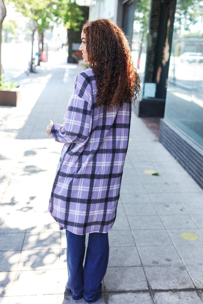 Explore More Collection - Fall Vibes Lavender Plaid Hacci Knit Open Cardigan