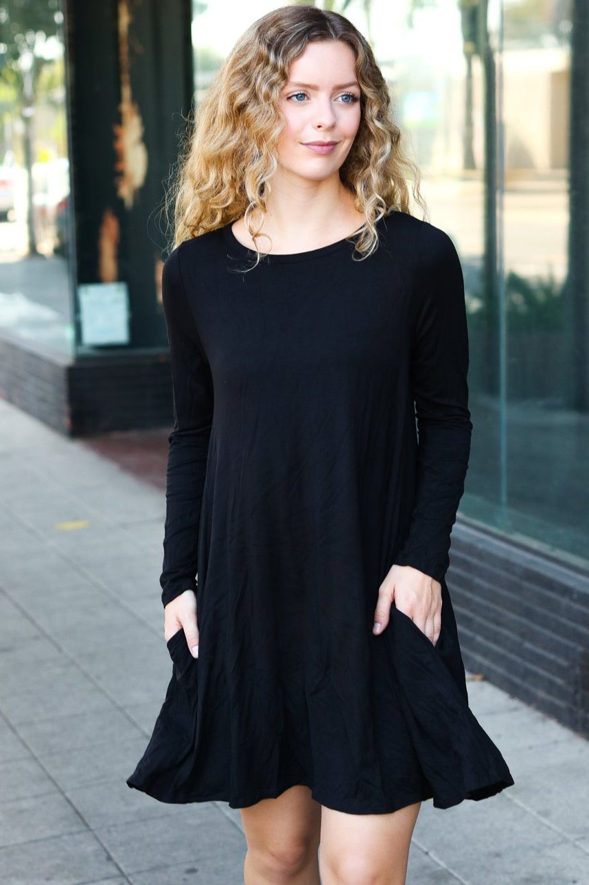 Explore More Collection - Classic Elegance Black Long Sleeve Shift Knit Dress