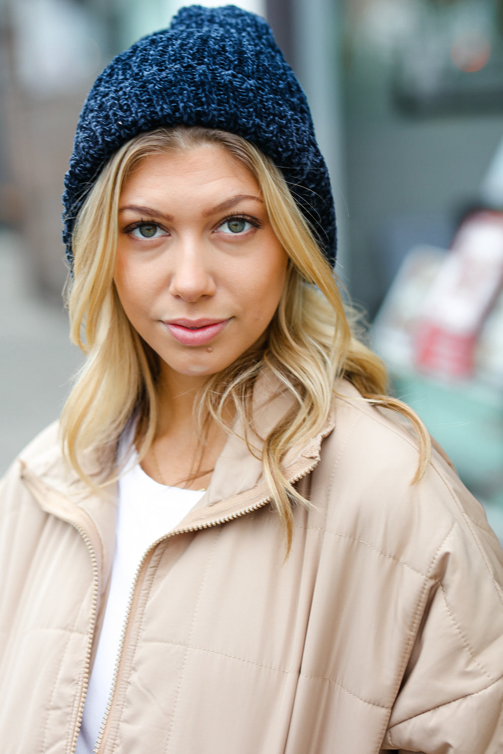 Explore More Collection - Navy Knit Velvet Chenille Fold Over Beanie