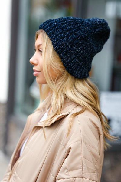 Explore More Collection - Navy Knit Velvet Chenille Fold Over Beanie