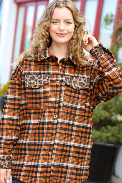 Explore More Collection - Feeling Bold Rust Plaid & Animal Print Button Down Jacket