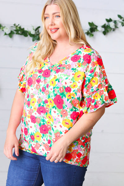 Explore More Collection - Red Flat Floral Pring Dolman Ruffle Frill Sleeve Blouse