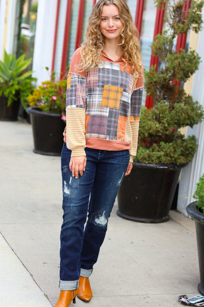 Explore More Collection - What I Like Rust/Charcoal Two Tone Knit Plaid V Neck Top