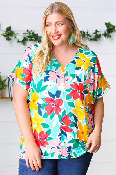 Explore More Collection - Teal & Coral Flat Floral V Neck Top