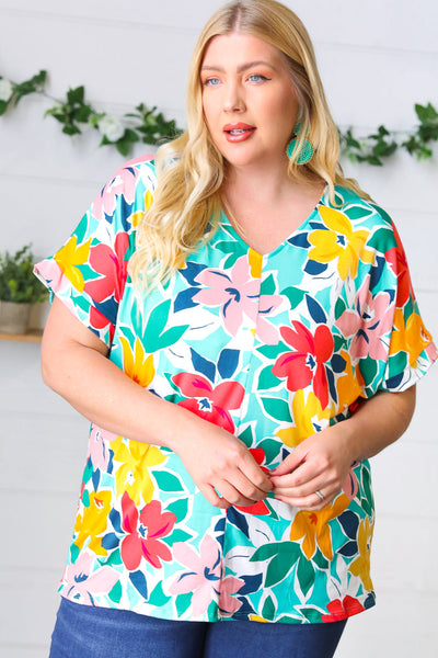 Explore More Collection - Teal & Coral Flat Floral V Neck Top
