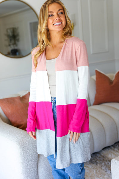 Explore More Collection - Face The Day Blush Wide Stripe Hacci Colorblock Cardigan